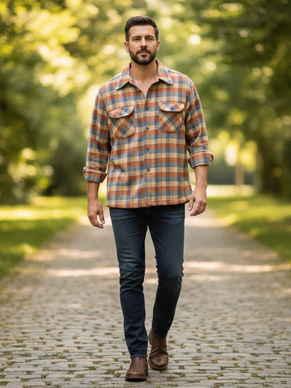Pendleton Orange Tan Blue Plaid Wool Board Shirt